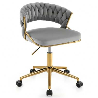 Home Office Desk Chair, Upholstered Computer Chair With Hand-Woven Back & Golden Metal Legs, 360° Swivel & Height Adjustable Task Chair Vanity Chair With 5 Wheels For Study, Living Room, Bedroom