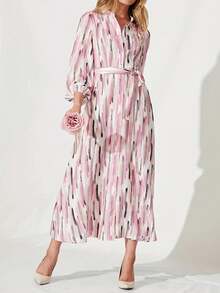 女士时尚印花长袖前系带连衣裙，优雅浪漫风格 - 淺粉色 - 查看 3