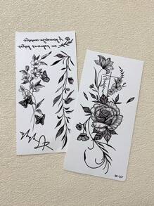 2pcs Flower & Butterfly Tattoo Stickers For Women, Floral Leaf Temporary Tattoos For Hand Arm & Body Decor, Waterproof Realistic Black Fake Tattoo - Black - View 8