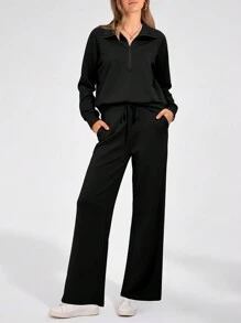 Women's 2 Piece Outfits Casual Lapel Half Zip Sweatshirts And Wide Leg Pants Tracksuit Sets - màu đen - Xem 5