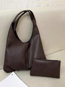 Dedoo 1件纯色新款PU个性化日常通勤手提包，简约托特包，单肩包，腋下包，带模块化信封袋和零钱包 - 咖啡棕 - 查看 3