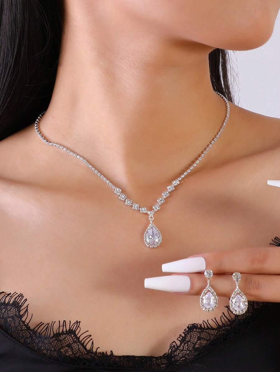 3pcs/set Cubic Zirconia Water-drop Decor Jewelry Set For Women For Party Banquet Wedding - Dusty Blue - View 1