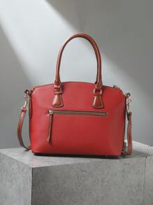 Refined Top Handle Zipper Satchel, Fashion-Forward Womens Textured PU Leather Bag For Everyday Style,Timeless Vintage Western Handbag - Eye-Catching Colorblock Design - 紅色 - 查看 5