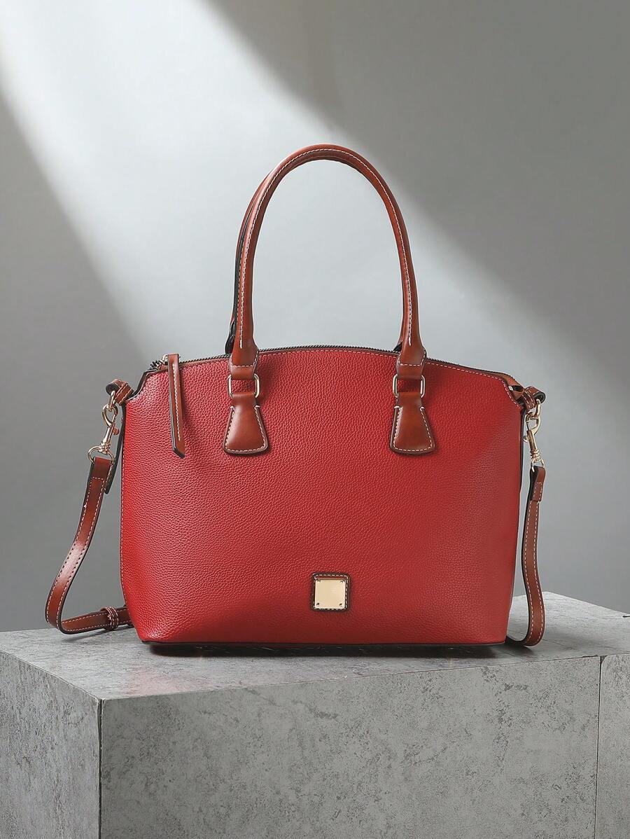 Refined Top Handle Zipper Satchel, Fashion-Forward Womens Textured PU Leather Bag For Everyday Style,Timeless Vintage Western Handbag - Eye-Catching Colorblock Design - 紅色 - 查看 1