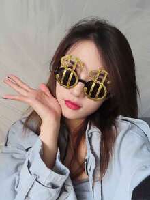 1 pieza Gafas con diseño de dinero divertido, gafas de plástico con signo de dólar lindo para fiesta de cumpleaños, Halloween - dolar dorado - Ver 5