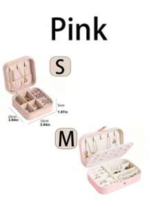 1 件长方形 PU 珠宝收纳盒，便携式珠宝整理盒，梳妆台收纳盒，夏季旅行珠宝盒，便携式多格旅行珠宝展示盒，收纳礼盒，户外旅行用品，带纽扣封口，美丽的国际风格，适合旅行和家居使用，适合女孩、礼物、节日、婚礼 - 粉紅色 - 查看 9