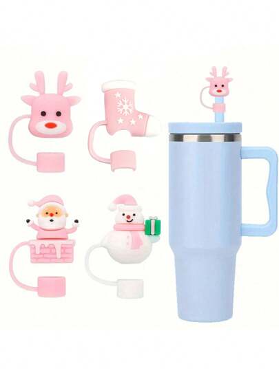 4 piezas Tapas de sorbete de silicona navideñas - Lindas cubiertas de sorbete reutilizables para vasos, compatibles con 10 mm, perfectas para regalos y decoraciones navideñas