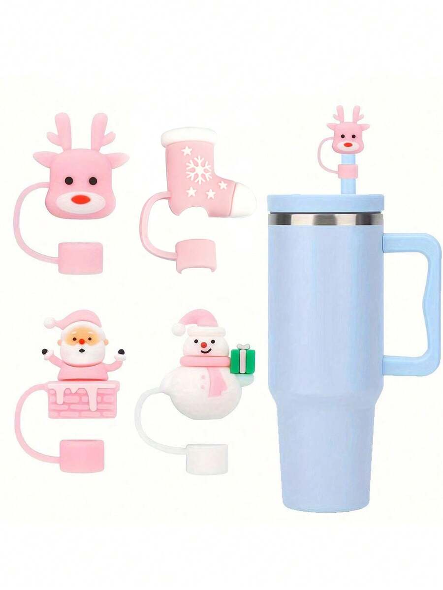 4 piezas Tapas de sorbete de silicona navideñas - Lindas cubiertas de sorbete reutilizables para vasos, compatibles con 10 mm, perfectas para regalos y decoraciones navideñas