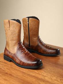 Men's Side Zipper V-Cut Embroidered Retro Mid-Calf Square Toe Cowboy Boots, New Western Style - Brown - View 1