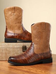 Men's Side Zipper V-Cut Embroidered Retro Mid-Calf Square Toe Cowboy Boots, New Western Style - Brown - View 3