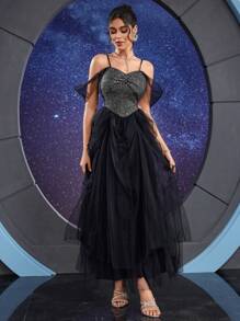 Vestido de noche formal (muy enjoyado) para mujeres, vestido de graduación elegante negro, para invitadas de boda, graduación, cena - Negro - Ver 3