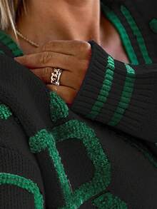 女士休闲字母图案V领单排扣针织开衫毛衣，长袖，秋冬款