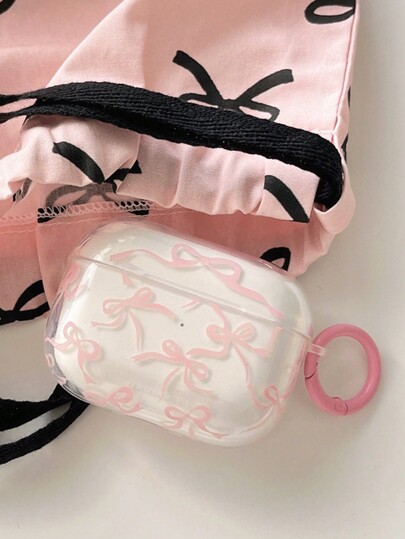 1pc Pink Bow Tie Transparent TPU Earphone Case, Compatible With Apple Series Earphones