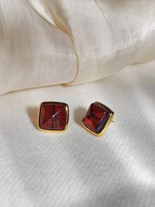 Hoa tai hổ phách Baltic tự nhiên đính đá quý màu đỏ Trang sức bạc Sterling 925 Quà tặng cho cô ấy Đinh tán bạc vuông tối giản thời trang - Bông tai hổ phách - Xem 3