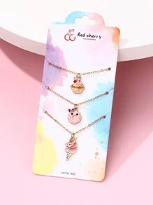 3 件/套女孩蛋糕、冰淇淋形状锌合金吊坠项链，适合日常佩戴 - 彩色 - 查看 4