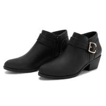 Women's Chunky Low Heel Ankle Boots, Classic Solid Color Buckle Strap & Side Zipper Booties