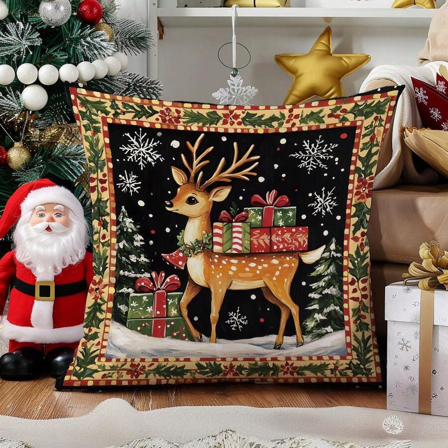 1 vỏ gối trang trí Giáng sinh hình con nai ren cổ điển có quà tặng, 45*45CM nhung mềm màu đào in một mặt, dùng cho tiệc trang trí trong nhà, vỏ gối quà tặng - Nhiều màu - Xem 1