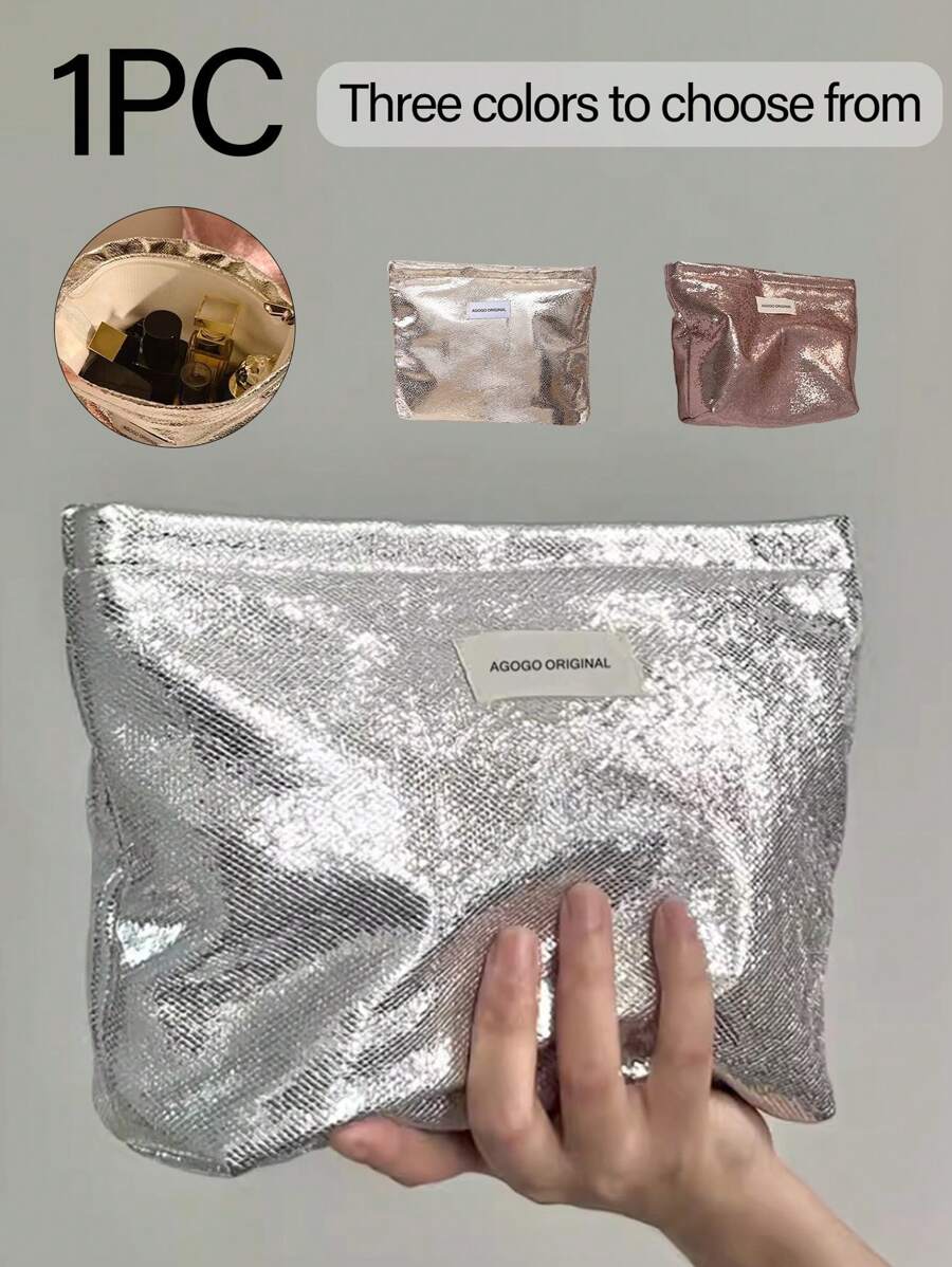 便攜式時尚亮面大容量化妝包,旅行化妝品收納袋,盥洗用品整理包,適用於盥洗用品、化妝品、化妝刷、配件、旅行、居家收納、旅行必需品、宿舍用品、婚禮新娘禮物、母親禮物、好友禮物、生日禮物、紀念品、居家收納必需品、開學季、教師節 - 銀色 - 查看 1