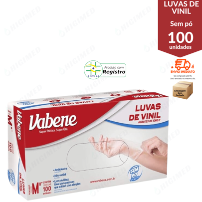 Luva de Vinil sem Pó sem látex com 100 unid -  M - Vabene