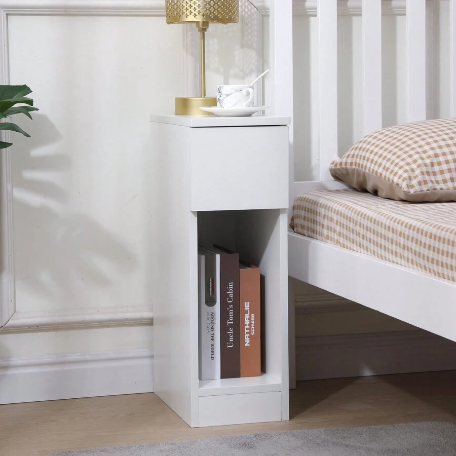 Slim Bedside Table Bedroom Nightstand With Open Shelf & Drawer, Narrow End Table Sofa Side Table For Living Room, Compact Wooden Lamp Table Telephone Table For Home Office - White - View 1