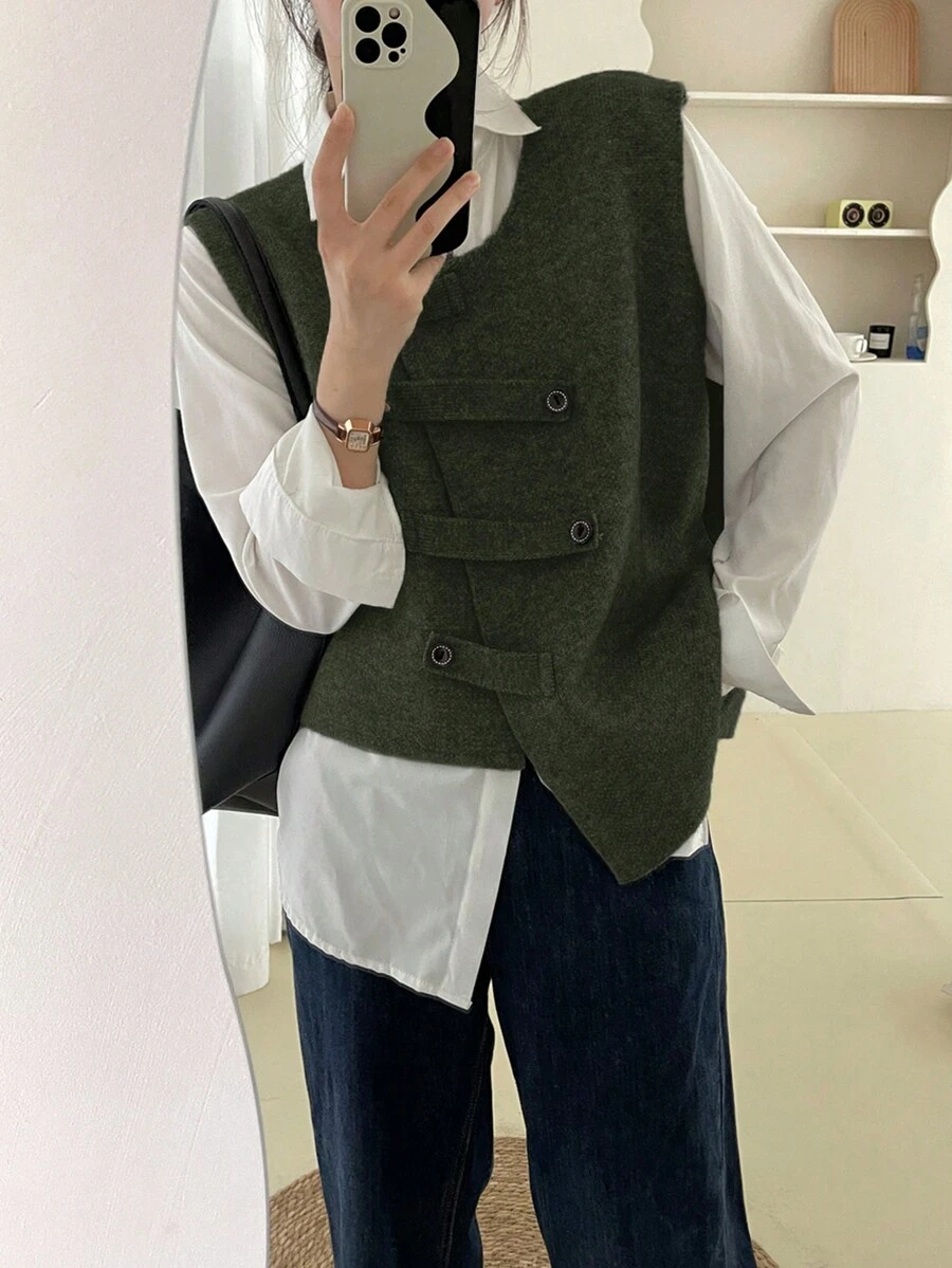 Alicedudu 女款秋冬不对称设计纽扣环简约毛衣背心 - 綠色 - 查看 1