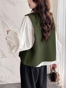 Alicedudu 女款秋冬不对称设计纽扣环简约毛衣背心 - 綠色 - 查看 2