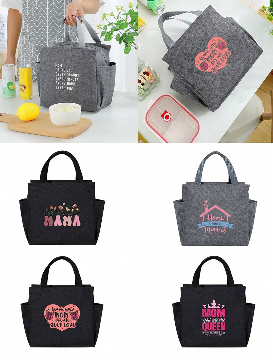 Handheld Insulation Bag Hot Selling Cartoon Letter Thick Insulation Lunch Bag Insulation Bento Bag Double-Sided Pockets Mother's Day Teacher's Day Gift Multiple Patterns Portable Large Capacity Meal Bag