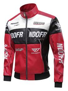 Men's Fashionable Color Block Letter Print Motorcycle Leather Jacket, Autumn - Red - View 1