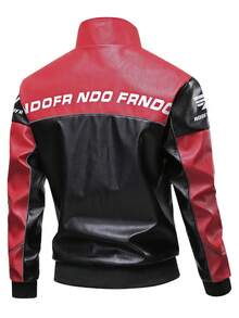 Men's Fashionable Color Block Letter Print Motorcycle Leather Jacket, Autumn - Red - View 3