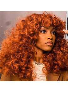 18 Inch Copper Ginger Synthetic Fiber Curly Wig With Bangs, Fluffy Natural Looking Cosplay Wig, Heat Resistant - Dirty Orange - View 6