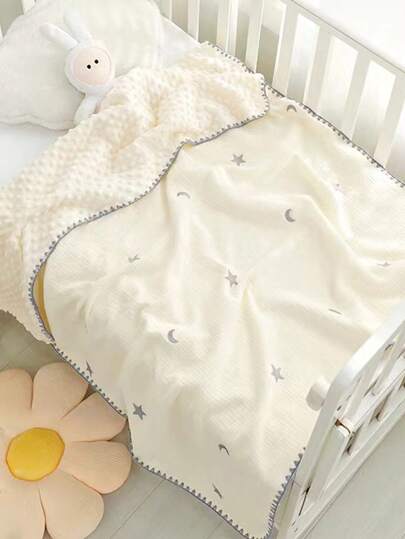 1pc Soft & Comfortable Infant Embroidered Star & Moon Pattern Knitted Blanket, Warm & Suitable For All Seasons - Suitable For Nursery, Stroller, Office, Car