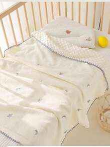 1件婴儿刺绣星月图案春夏柔软舒适绒球毯，婴儿房幼儿大号被子，儿童空调毯，成人办公防风披肩，婴儿车毯 - 刺繡星月 - 查看 5