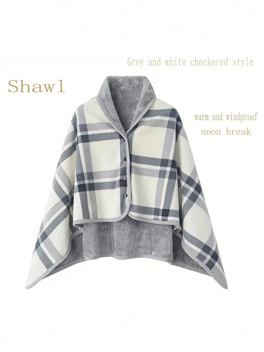 1pc Poncho Thick Plaid Fleece Double Layer Multi-Functional Shawl Blanket, Suitable For Home,Office,Maternity Use, Autumn/Winter - Multicolor - View 1