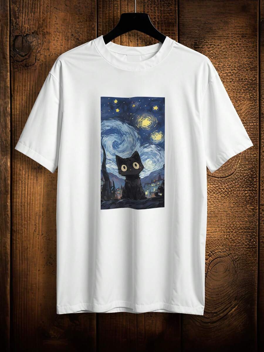 T-Shirt Gothic Shirt Cat Starry Night Ref 2037 VEST NERD - 白色 - 查看 1