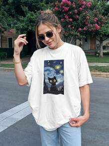 T-Shirt Gothic Shirt Cat Starry Night Ref 2037 VEST NERD - 白色 - 查看 5
