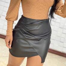 Women's Leather Skirt Faux Leather High Waist With Side Slit Leatherette Skirt - 黑色 - 查看 2