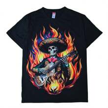 Camiseta Unisex Adulto Cráneo mariachi en llamas. Resplandeciente con la luz Neón o negra para  festejo de día de los muertos y halloween. Serigrafia neón. - Negro - Ver 4