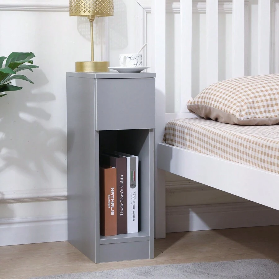 Slim Bedside Table Bedroom Nightstand With Open Shelf & Drawer, Narrow End Table Sofa Side Table For Living Room, Compact Wooden Lamp Table Telephone Table For Home Office - Grey - View 1
