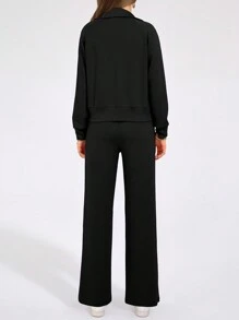 Women's 2 Piece Outfits Casual Lapel Half Zip Sweatshirts And Wide Leg Pants Tracksuit Sets - màu đen - Xem 2