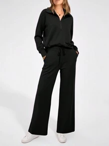 Women's 2 Piece Outfits Casual Lapel Half Zip Sweatshirts And Wide Leg Pants Tracksuit Sets - màu đen - Xem 4
