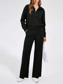 Women's 2 Piece Outfits Casual Lapel Half Zip Sweatshirts And Wide Leg Pants Tracksuit Sets - màu đen - Xem 1