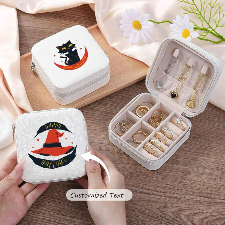 Halloween Theme Customized Women's Jewelry Storage Box With Personalized Name, Fashionable And Personalized Leather Jewelry Storage Box,Exquisite And Memorable Holiday Gift For Mom On Mother's Day, Best Friends, And Anniversaries.