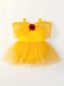 Baby Girls' Yellow Mesh Princess Style Romper Dress, Suitable For Parties