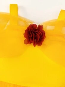 Baby Girls' Yellow Mesh Princess Style Romper Dress, Suitable For Parties