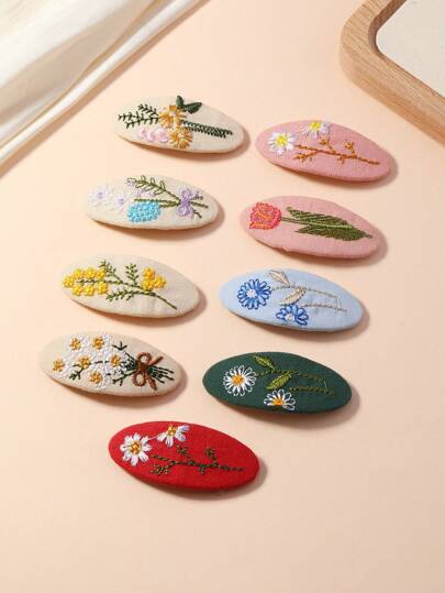 9pcs/Set Colorful Embroidered Flower Hair Clips And Pins, Sweet Cute BB Bangs Hair Clips, Suitable For Daily Wear Claw Clips Hair Claws Hair Barrettes, School Stuff, Vacation Outfits Woman, Hair Accessories, Head Accessories, Hair Accessories For Women