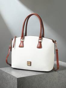 Refined Top Handle Zipper Satchel, Fashion-Forward Womens Textured PU Leather Bag For Everyday Style,Timeless Vintage Western Handbag - Eye-Catching Colorblock Design - trắng - Xem 2