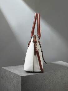 Refined Top Handle Zipper Satchel, Fashion-Forward Womens Textured PU Leather Bag For Everyday Style,Timeless Vintage Western Handbag - Eye-Catching Colorblock Design - trắng - Xem 4