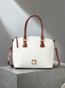 Refined Top Handle Zipper Satchel, Fashion-Forward Womens Textured PU Leather Bag For Everyday Style,Timeless Vintage Western Handbag - Eye-Catching Colorblock Design - trắng - Xem 1