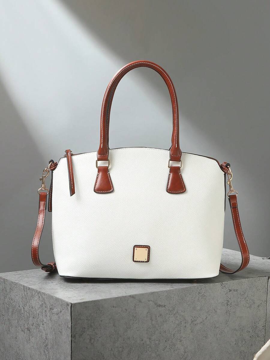 Refined Top Handle Zipper Satchel, Fashion-Forward Womens Textured PU Leather Bag For Everyday Style,Timeless Vintage Western Handbag - Eye-Catching Colorblock Design - trắng - Xem 1
