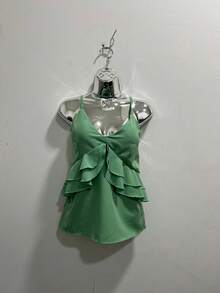 Beautiful Short Doll Dress, Backless With Ruffle, Fashion Blogger With Padding - màu xanh lá - Xem 1